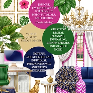 以下が含まれることがあります： DP Collectiveによるデジタルグラフィックコレクション「The Lavish Leaf」。熱帯植物、ゴールドのシャンデリア、デスク、ヒョウの置物、青いソファのイラストが描かれています。テキストには95枚の高品質画像に関する詳細が含まれています。