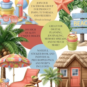 May include: Digital art featuring a beach scene with a wooden cabin, lounge chair, and beach accessories. Includes a beach ball, sunglasses, and text that says "At the Beach". Also includes text that says "101 High Quality Unique Images".