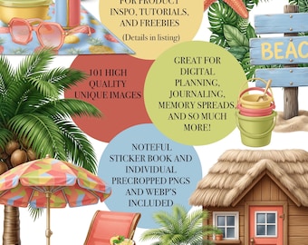 At the Beach Digital Sticker Pack | 101 High-Quality Elements | Beach Themed