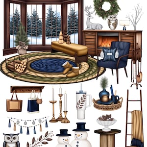 May include: An illustration of a cozy winter scene with various decorative items. Includes a fireplace, a wreath, an owl, snowmen, and a rug. The text "Winter Is Coming" is visible at the top. The image has a warm, inviting aesthetic.