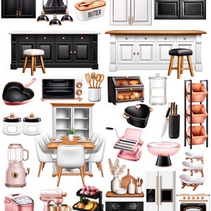 May include: A collection of kitchen-themed illustrations, including cabinets, a stove, a refrigerator, a countertop, a dining table with chairs, a stand mixer, a bread maker, a pasta maker, a blender, a butter dish, a bread basket, a knife holder, a set of pots and pans, a set of jars, a set of bowls, a set of stools, and a set of shelves. The illustrations are in a cartoon style and feature a variety of colors, including black, white, pink, and gold.