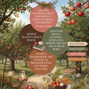 May include: A digital graphic featuring an apple orchard scene with text overlays. The image includes a wooden ladder, a lantern, baskets of red apples, a bicycle, and wooden signs labeled Apple Picking, Farm Market, Cider House, and Pumpkin Patch.