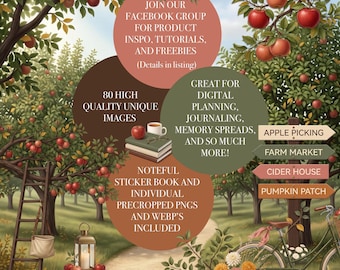 Donde crecen las manzanas: kit de pegatinas digitales y creador de escenas / Pegatinas digitales de otoño / Temática de manzanas /