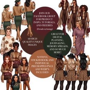 May include: A collection of digital fashion illustrations featuring diverse figures in various outfits, including tan jackets, leopard print sweaters, and dresses. Text overlays include "DP Collective," "Fall Fashion Ladies," and product details.