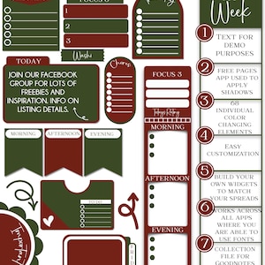 May include: A set of printable planner stickers in green and burgundy with a variety of shapes and text. The stickers include a checklist, focus 3, Thursday, my week, today, chores, morning, afternoon, evening, to do, important, and Friday. The text on the stickers includes "Text for demo purposes", "Free pages app used to apply shadows", "68 individual color changing elements", "Easy customization", "Build your own widgets to match your spreads", "Works across all apps where you are able to use fonts", "Collection file for Goodnotes users only".