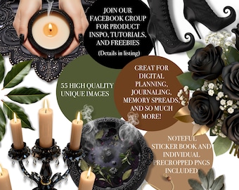 Witchy Glamour Digital Stickers | Black Crystal & Gold (PNG)