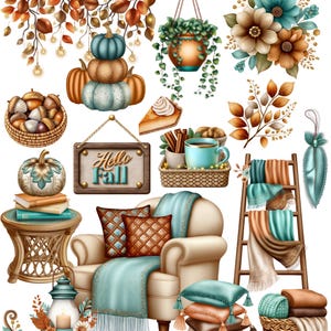 May include: A digital illustration featuring a Boho Fall theme. The image includes pumpkins, a sign that says "Hello Fall", a cozy armchair with pillows and a blanket, and other fall-themed decor in shades of teal, orange, and brown.