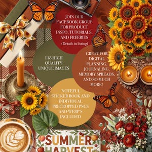 Puede incluir: Un gráfico digital con una cámara vintage, mariposas monarca, girasoles, velas encendidas y una taza de café. El texto incluye: JOIN OUR FACEBOOK GROUP, 118 HIGH QUALITY UNIQUE IMAGES, GREAT FOR DIGITAL PLANNING, NOTE FUL STICKER BOOK y SUMMER HARVEST.