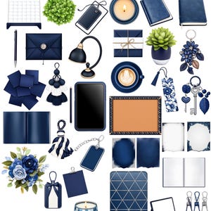 May include: A collection of navy blue and white themed digital planner stickers, including a calendar, a candle, a book, a plant, a lamp, a coffee cup, a key chain, a tassel, a tablet, a frame, a notebook, a flower, a clipboard, a phone case, a pair of glasses, and a candle.