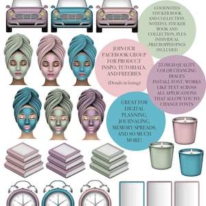 Puede incluir: Ilustraciones digitales de iconos que cambian de color, incluyendo coches, caras con mascarillas de spa, libros, despertadores, velas y tabletas. El texto promociona la planificación digital y el journaling. Contiene el texto: 'Color Changing Icons'.