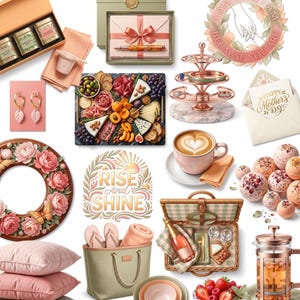 Puede incluir: Una colecci&oacute;n de regalos y art&iacute;culos para el D&iacute;a de la Madre, que incluye una tabla de embutidos, un juego de t&eacute;, joyas, una cesta de picnic y una taza de caf&eacute; con arte latte. La imagen incluye el texto "Moments for Mom" y "Rise and Shine".