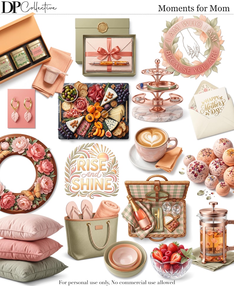 Puede incluir: Una colecci&oacute;n de regalos y art&iacute;culos para el D&iacute;a de la Madre, que incluye una tabla de embutidos, un juego de t&eacute;, joyas, una cesta de picnic y una taza de caf&eacute; con arte latte. La imagen incluye el texto "Moments for Mom" y "Rise and Shine".