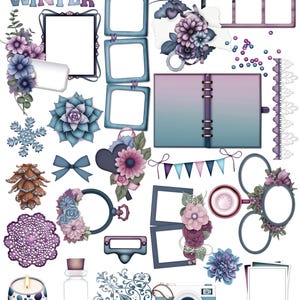 May include: Winter themed digital scrapbook paper with images of flowers, frames, a camera, a candle, a snowflake, a pine cone, a bottle, a bow, a heart, a cup of coffee, a banner, a lace doily, a journal, and a set of beads. The text "Winter Chronicles" is at the top of the image. The text "For personal use only. No commercial use allowed" is at the bottom of the image.