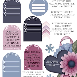 Puede incluir: Un conjunto de 96 pegatinas digitales para planificadores con texto curvo en una variedad de colores. Las pegatinas incluyen palabras como "lista de verificación", "enfoque", "comidas", "gratitud", "cuidado personal" y "vencimiento hoy". Las pegatinas están diseñadas para ser utilizadas en Goodnotes y otras aplicaciones de planificación digital.