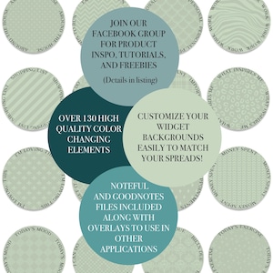 Puede incluir: Elementos de planificador digital con varios patrones y texto, incluyendo "Around the House" y "Shopping List". El diseño presenta una paleta de colores turquesa, verde y blanco, con el texto "Color Changing Curved Words Vol. 2."