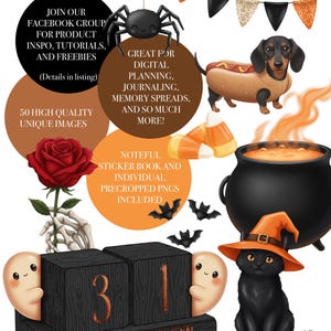 Może przedstawiać: Cyfrowa grafika o tematyce Halloween z czarnym kotem w kapeluszu czarownicy, jamnikiem w kostiumie hot doga i kociołkiem. Zawiera blok kalendarza z numerem 31, nietoperzami i tekstem "Too Cute To Spook".