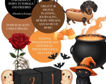 Lindo paquete de pegatinas digitales de Halloween / Agenda y diario de otoño (pegatinas con notas)