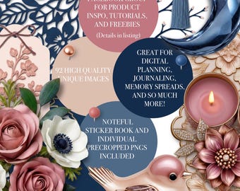 Winter's Edge Digital Sticker Pack – Floral Planner Stickers, Navy & Blush (92 PNG + Book
