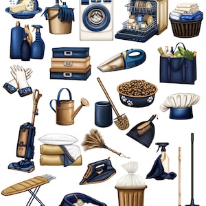 May include: A collection of winter-themed household items, including a washing machine, dishwasher, vacuum cleaner, broom, dustpan, ironing board, and a bucket. The items are all illustrated in a cartoon style with a blue and brown color scheme.