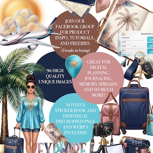 Könnte beinhalten: Eine digitale Sammlung von Reise-Grafiken mit Reisepass, Flugzeug, Palme, Koffer, Kamera und einer Person mit Gepäck. Der Text enthält DP Collective, Gone Traveling sowie Informationen zu Facebook-Gruppen und den enthaltenen Dateiformaten.