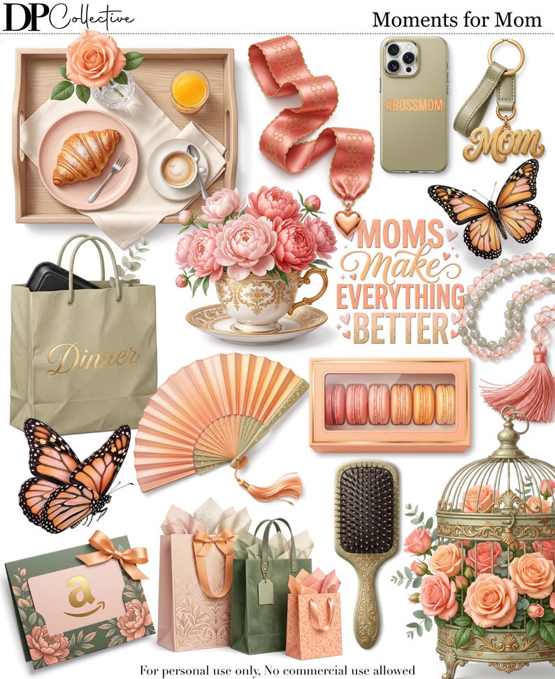 Puede incluir: Una colecci&oacute;n de regalos y golosinas para el D&iacute;a de la Madre. Incluye una bandeja con desayuno, una taza de t&eacute; con flores, una funda de tel&eacute;fono con "#BOSS MOM", un llavero con "Mom", bolsas de regalo, un abanico, macarons, un cepillo para el pelo, mariposas y una jaula decorativa.