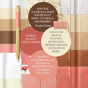 Puede incluir: Imagen promocional de productos de planificación y diario digital. La imagen presenta un bolígrafo color coral, un clip rosa y varias portadas de planificadores digitales en tonos coral, crema y marrón. El texto incluye "98 imágenes únicas de alta calidad".