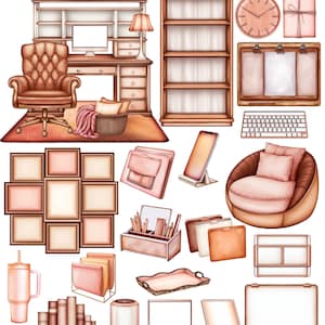 Könnte beinhalten: Eine Sammlung von digitalen Planer-Stickern mit dem Thema eines gemütlichen Büros. Die Sticker beinhalten einen Schreibtisch, einen Stuhl, ein Bücherregal, eine Lampe, eine Uhr, eine Tastatur und andere Büroartikel. Die Sticker sind in einem rosa und braunen Farbschema gehalten.