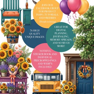 May include: A digital collection titled Golden Hour featuring illustrations of a teal chair, sunflowers in baskets, a purple flower cart, a yellow school bus, a blue door with a sunflower wreath, and balloons with text about Facebook groups and PNGs.