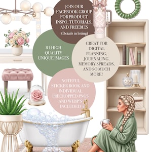 May include: A digital collection titled The Beauty Bar featuring 81 high-quality images including a bathtub with bubbles, a person in a robe, a bookshelf, a vanity with a chandelier, a potted aloe plant, a tumbler, and a rose in a glass dome.