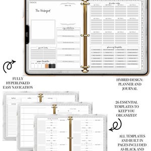 Puede incluir: Un planificador digital con una carpeta de anillas dorada, con páginas blancas y grises. El planificador incluye secciones para intenciones, enlaces rápidos y plantillas de planificación. El texto dice "The Unfazed Ring Edit Undated".