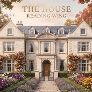 May include: A large, multi-storey stone manor house with a symmetrical facade, a central arched wooden door, and multiple windows. The exterior features climbing pink flowering vines, a manicured garden with colourful flowers, and the text THE HOUSE READING WING.