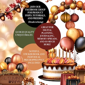 Może przedstawiać: Grafika cyfrowa o tematyce jesiennej z ciastem, balonami i torbami na prezenty. Obraz zawiera tekst "Autumn Born" i "52 High Quality Unique Images". Odpowiedni do planowania cyfrowego i prowadzenia dziennika.