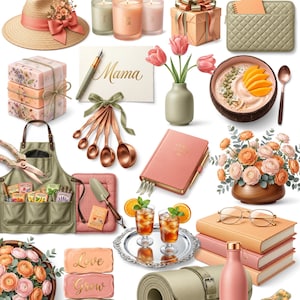 Puede incluir: Una colecci&oacute;n de art&iacute;culos con tem&aacute;tica del D&iacute;a de la Madre, que incluye un sombrero de paja con una cinta coral, velas, una caja de regalo, una funda para port&aacute;til, jab&oacute;n, un bol&iacute;grafo, una tarjeta que dice "Mama", cucharas medidoras, un jarr&oacute;n con tulipanes, un cuenco de comida, un diario, herramientas de jardiner&iacute;a, bebidas, libros, una botella de agua, una esterilla de yoga y una pinza para el pelo.