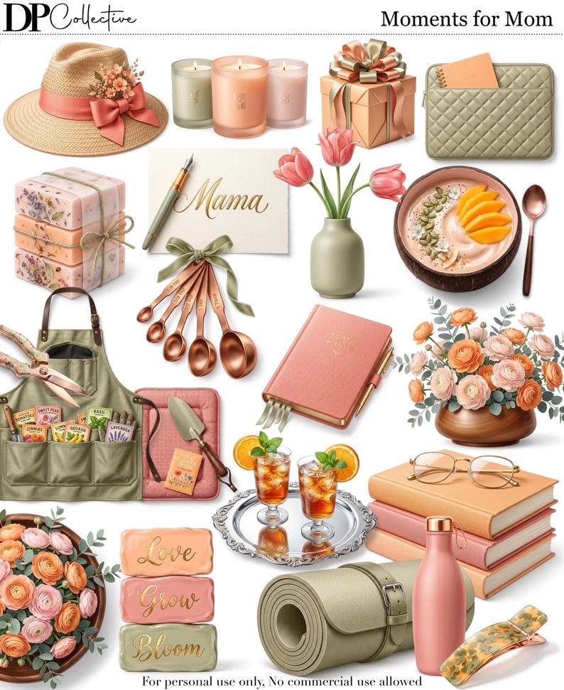 Puede incluir: Una colecci&oacute;n de art&iacute;culos con tem&aacute;tica del D&iacute;a de la Madre, que incluye un sombrero de paja con una cinta coral, velas, una caja de regalo, una funda para port&aacute;til, jab&oacute;n, un bol&iacute;grafo, una tarjeta que dice "Mama", cucharas medidoras, un jarr&oacute;n con tulipanes, un cuenco de comida, un diario, herramientas de jardiner&iacute;a, bebidas, libros, una botella de agua, una esterilla de yoga y una pinza para el pelo.