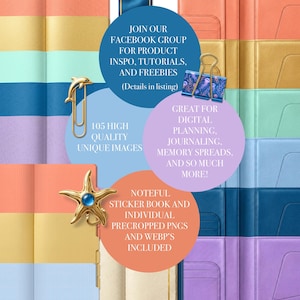 May include: A digital collection titled Create a Book: Sea Vibes featuring colorful planner covers in coral, gold, teal, blue, and purple. Includes a dolphin paperclip, a starfish charm, a jellyfish binder clip, and text detailing 105 high quality images.