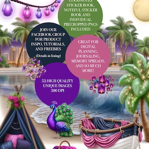 Może przedstawiać: Reklama produktu cyfrowego z motywem plażowym. Zawiera pawia, łódź, namiot i kosz piknikowy. Tekst zawiera "Goodnotes Sticker Book", "Digital Planning" i "52 wysokiej jakości unikalne obrazy."
