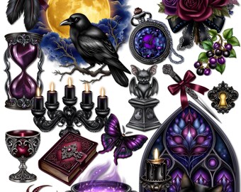May include: Digital illustration with a gothic theme, featuring a full moon, a raven, and various objects. Includes a black cat, a cauldron with purple smoke, a butterfly, a candelabra, and a stained-glass window.