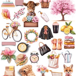 Może przedstawiać: Cyfrowa ilustracja z motywem „Blush and Bloom”. Zawiera różnorodne obiekty, w tym rower z koszem kwiatów, krowę, drzewo z różowymi kwiatami, czarny płaszcz, torebkę, szczeniaka i lisa. Obraz zawiera również tekst „Blush and Bloom”.