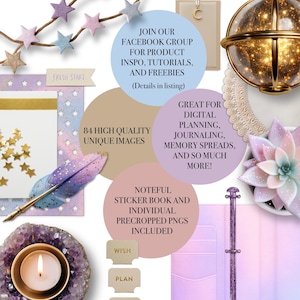 May include: A digital art composition with a celestial theme. It features a star garland, a glowing orb, a candle in a crystal holder, and a planner. Text includes "New Beginnings", "Fresh Start", and details about digital planning resources.