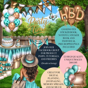 Może przedstawiać: Cyfrowa ilustracja sceny imprezowej z turkusowymi, złotymi i białymi dekoracjami. Zawiera balony, ciasto i baner z napisem "Party Time". Obraz zawiera również tekst "Goodnotes Sticker Book" i "55 High Quality Unique Images."