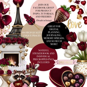 Może przedstawiać: Grafika cyfrowa o tematyce romantycznej, z czarną wieżą Eiffla, truskawkami w czekoladzie i czekoladkami w kształcie serca. Tekst: "Luxe of Love", "104 High Quality Unique Images" i "Date Night".
