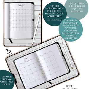 Op de afbeelding: Digitaal bullet journal met een zwarte kaft, opengeklapt op een maandelijkse kalenderweergave. De afbeelding bevat een witte stylus en de tekst "Creative Freedom With A Calm Focus". Beschikbaar in portret- en landschapsoriëntatie.