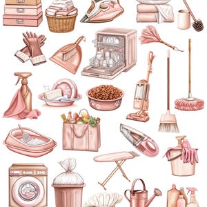 May include: A set of 25 illustrated pink and brown household items, including a washing machine, iron, broom, vacuum cleaner, and a watering can.  Around The House.