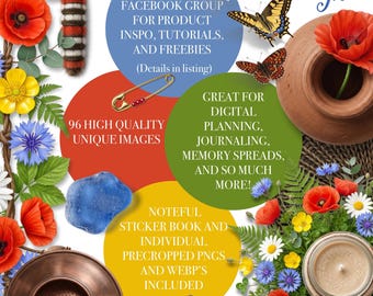 Bohemi Bloom | 96 Digital Stickers | PNG, Noteful, Webp | Wildflower Boho Theme