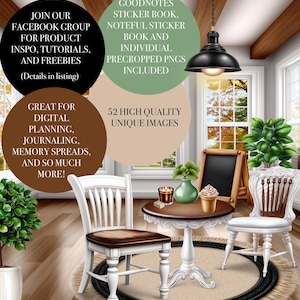 May include: An interior design image featuring a small round table with a brown top, two white chairs, and a black pendant light. The image includes text promoting digital planning resources, sticker books, and tutorials.