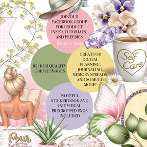 Op de afbeelding: Digitale kunstelementen met een vrouw in bad, bloemen, een kopje met de tekst "Self Care" en een hoed. Bevat tekst: "Word lid van onze Facebookgroep", "85 hoogwaardige unieke afbeeldingen" en "Noteful sticker book and individual pre-cropped PNGs included."