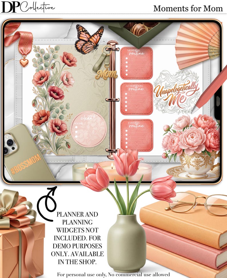 Puede incluir: Maqueta de planificador digital con una carpeta de color oro rosa, detalles florales y una mariposa. La imagen incluye un jarr&oacute;n con tulipanes, libros y una funda de tel&eacute;fono con el texto "#BOSSMOM". Las palabras "Moments for Mom" est&aacute;n en la parte superior.