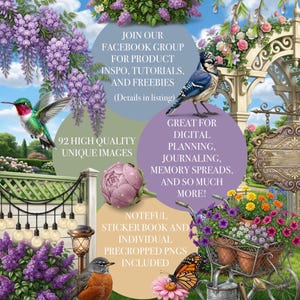 May include: Digital art featuring a garden scene with a hummingbird, blue jay, and butterfly. Includes text: "92 High Quality Unique Images", "Great for Digital Planning, Journaling, Memory Spreads, and So Much More!" and "Noteful Sticker Book and Individual Precropped PNGs Included".