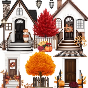May include: A digital illustration set of autumn home exteriors with front doors, porches, pumpkins, and fall foliage. The set includes a red maple tree, a yellow tree, a white house with a black door, a white house with a brown door, and a white house with a brown door and a black and white checkered welcome mat.