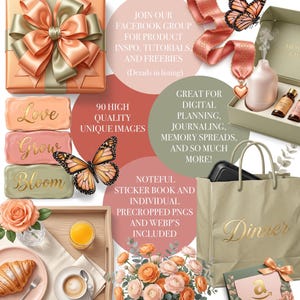 Puede incluir: Composici&oacute;n de arte digital con caja de regalo, mariposas y arreglos florales. Incluye las palabras "Love, Grow, Bloom" y "Dinner". Presenta un libro de pegatinas, PNG y webp. El tema es "Moments for Mom".